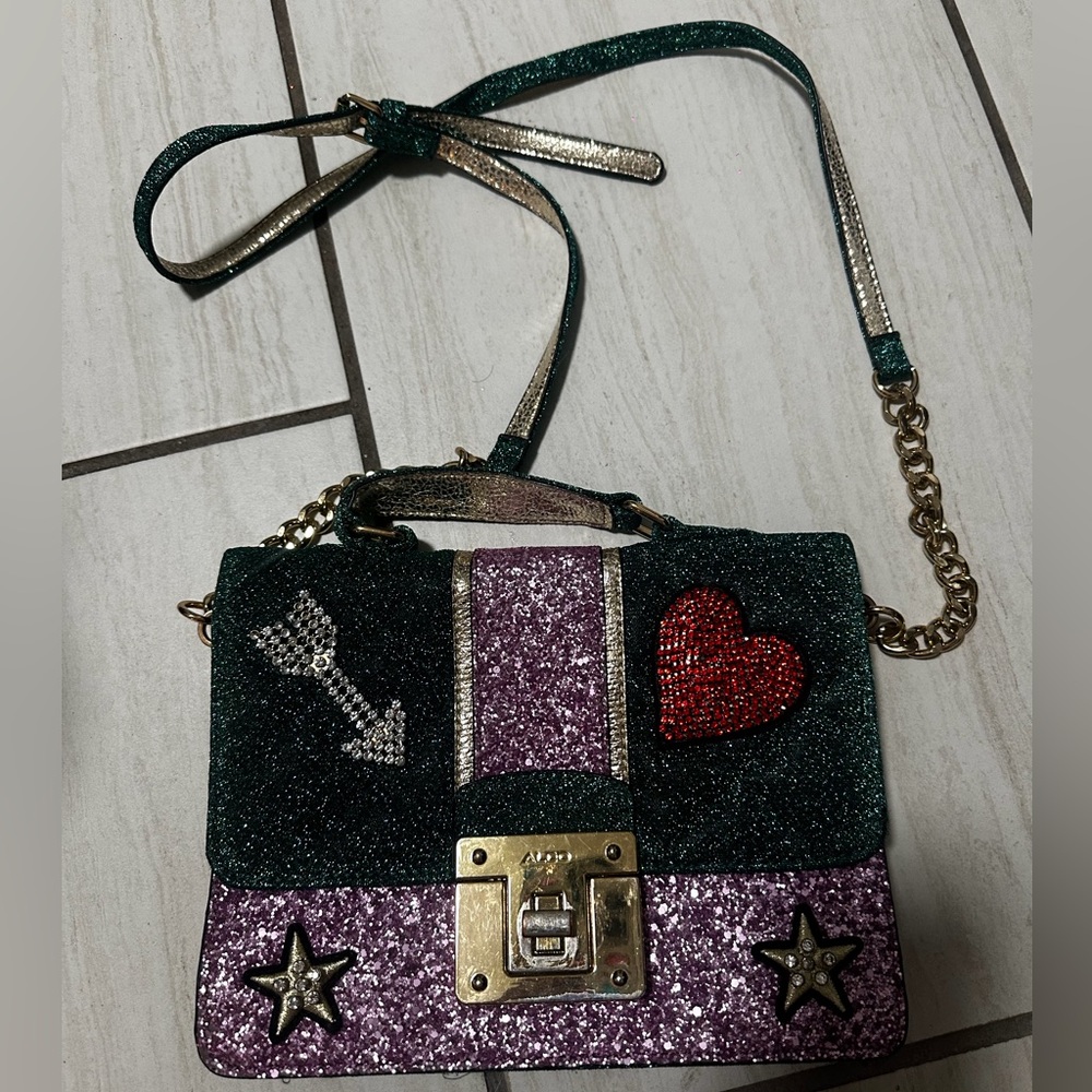 Aldo Green Glitter Crossbody with Purple Panels and Red Heart